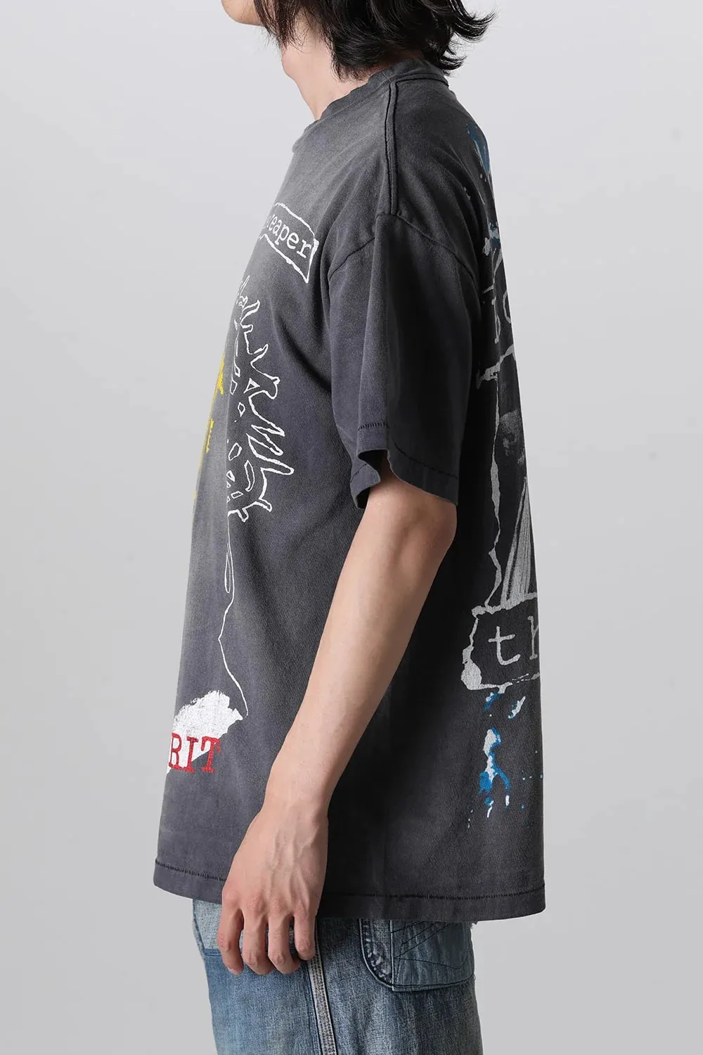 SAINT MICHAEL SS TEE/B FOR REAPER Jesus Hell's Angels Washed and Distressed Short Sleeves Washed Black S-XL Garment Dyed Printed Washed and Distressed